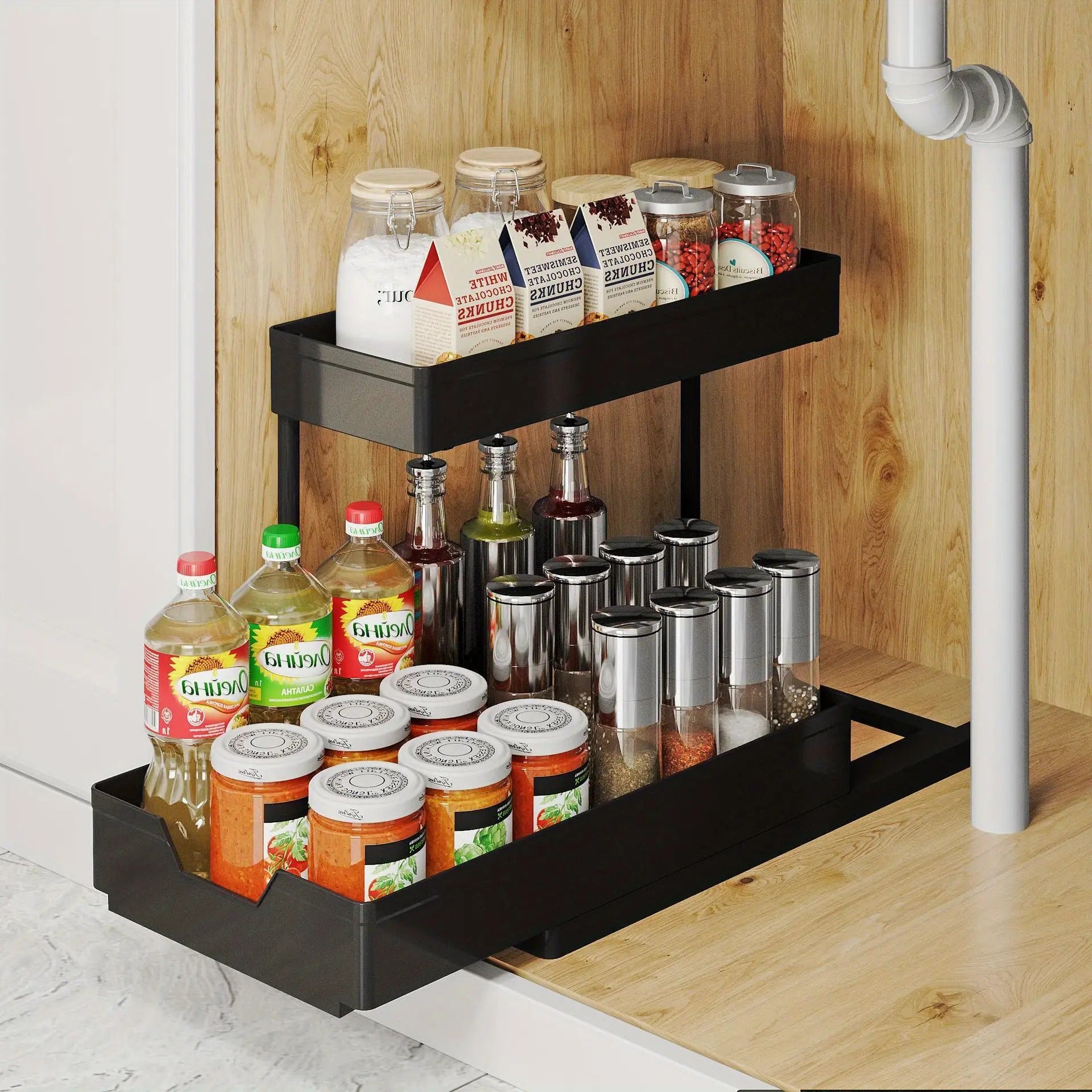 Large-Capacity Adjustable Pull-Out Storage Shelf with No-Drill Wall Mount