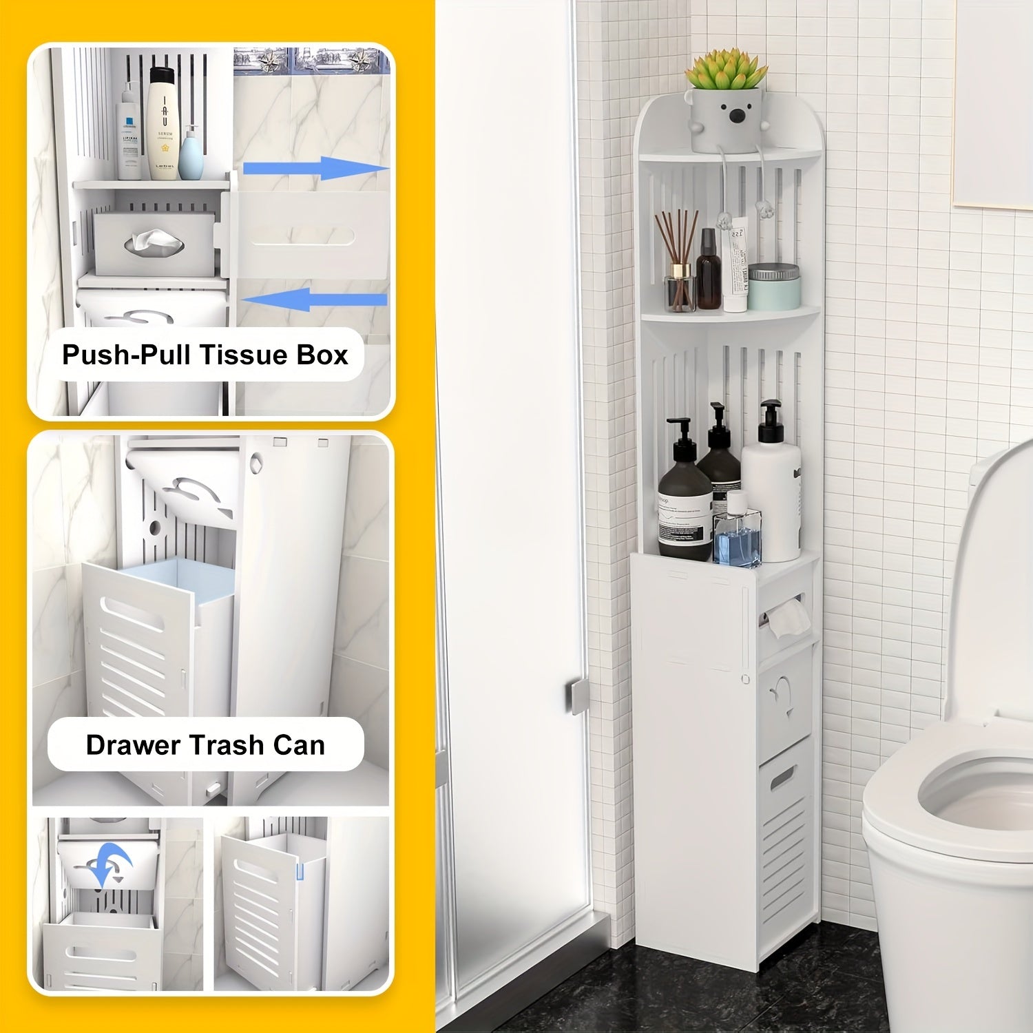 Compact White Bathroom Storage Cabinet - Waterproof PVC Organizer with 5 Shelves