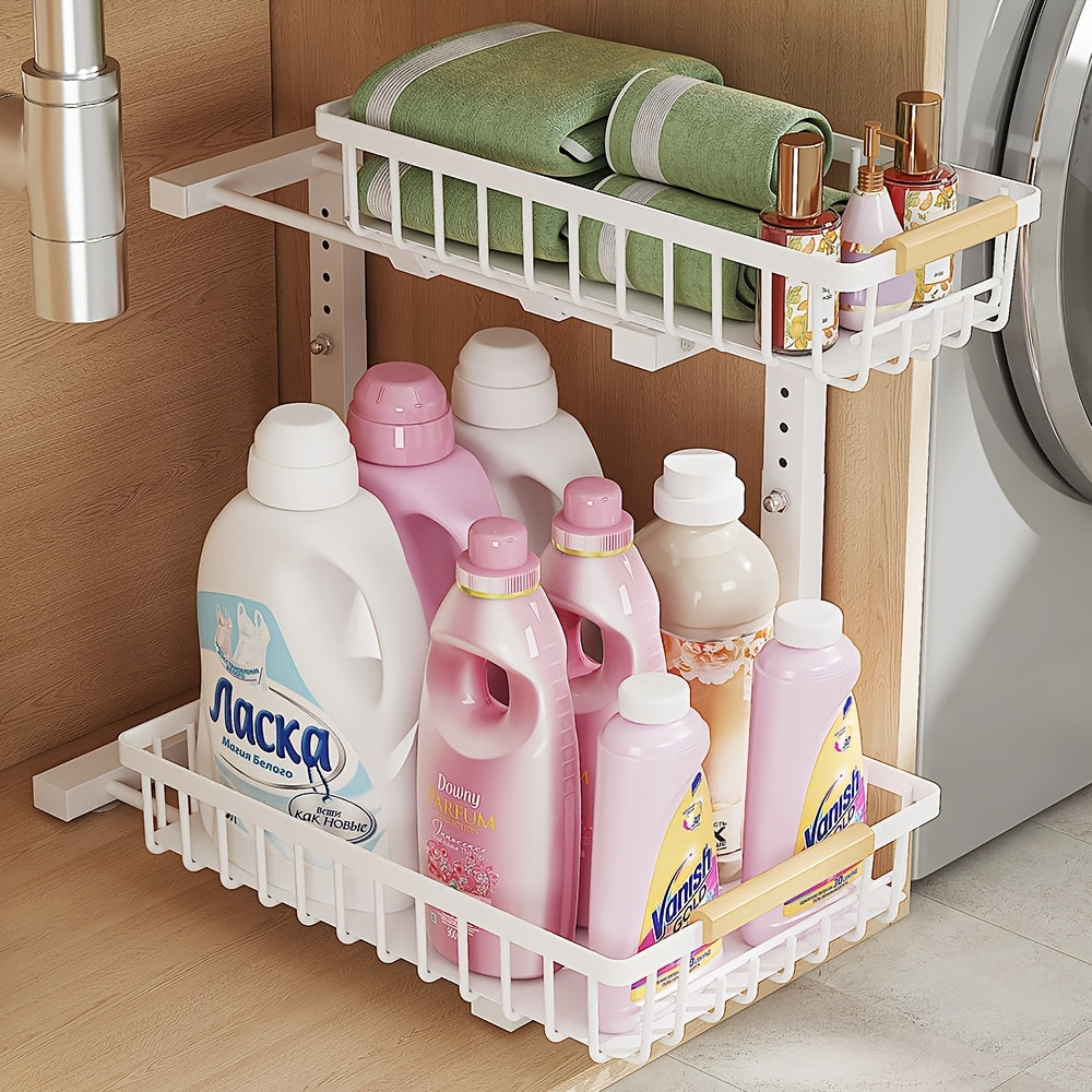 2-tier Pull-out Under-sink Storage Rack- Metal Storage Rack for Kitchen and Bathroom Cabinets