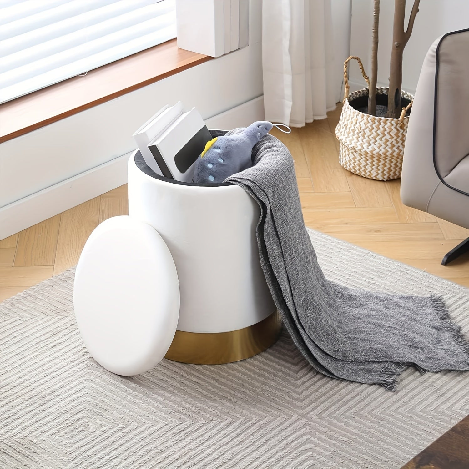 Velvet 23Qt Storage Ottoman - Heavy-Duty Multipurpose Footrest & Stool with Padded Seat & Storage Compartment, Round Chair Suitable for Living Room, Bedroom - \u002FPlywood Frame, 300lbs Weight Capacity