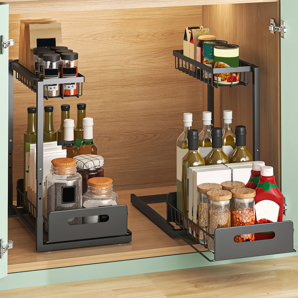 1pc Contemporary Metal 2-Tier Slide-Out Storage Basket